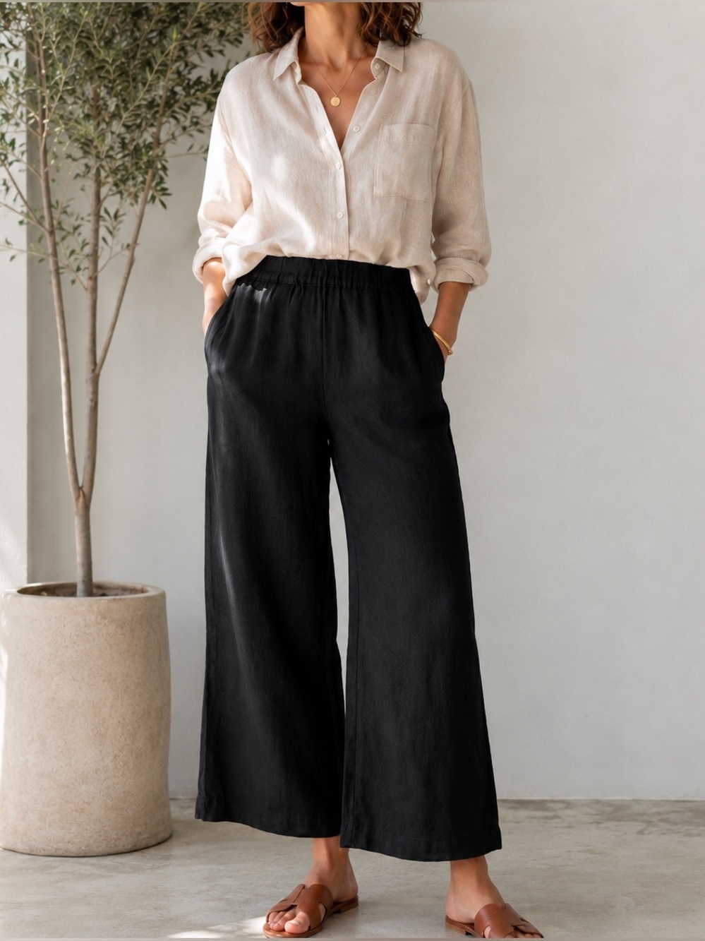 Cynthia Rowley 100% Linen Wide Leg Crop Pants Black Pull On Minimalist Resort